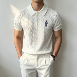 SEASON MARK「RL小熊」胸口刺绣绞花POLO衫商务休闲纯色短袖T恤男