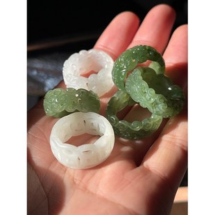 保真天然无优化和田玉指环戒圈18毫米16号17号直径镂空戒24112826