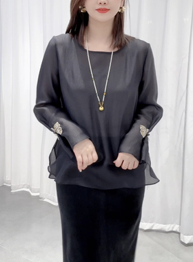 2026春季新款时尚气质休闲圆领纯色钉珠不规则下摆百搭衬衫女上衣