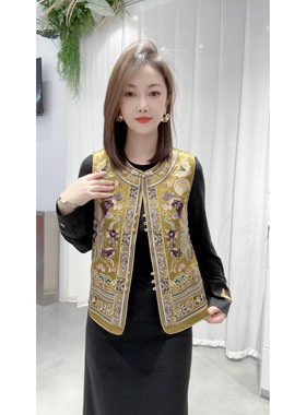 新中式复古国风重工凤凰刺绣马甲丝缎提花圆领盘扣绣花马夹百搭