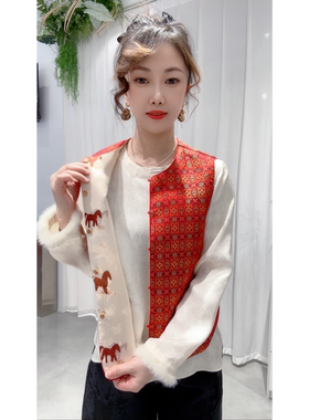 双面穿复古提花新中式马甲背心女新款圆领小马刺绣轻国风叠穿上衣