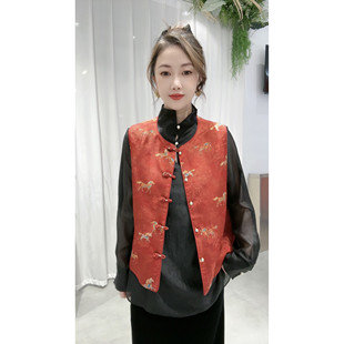 新中式国风骏马图红色新年宴会款百搭显瘦女装坎肩马甲春秋季潮