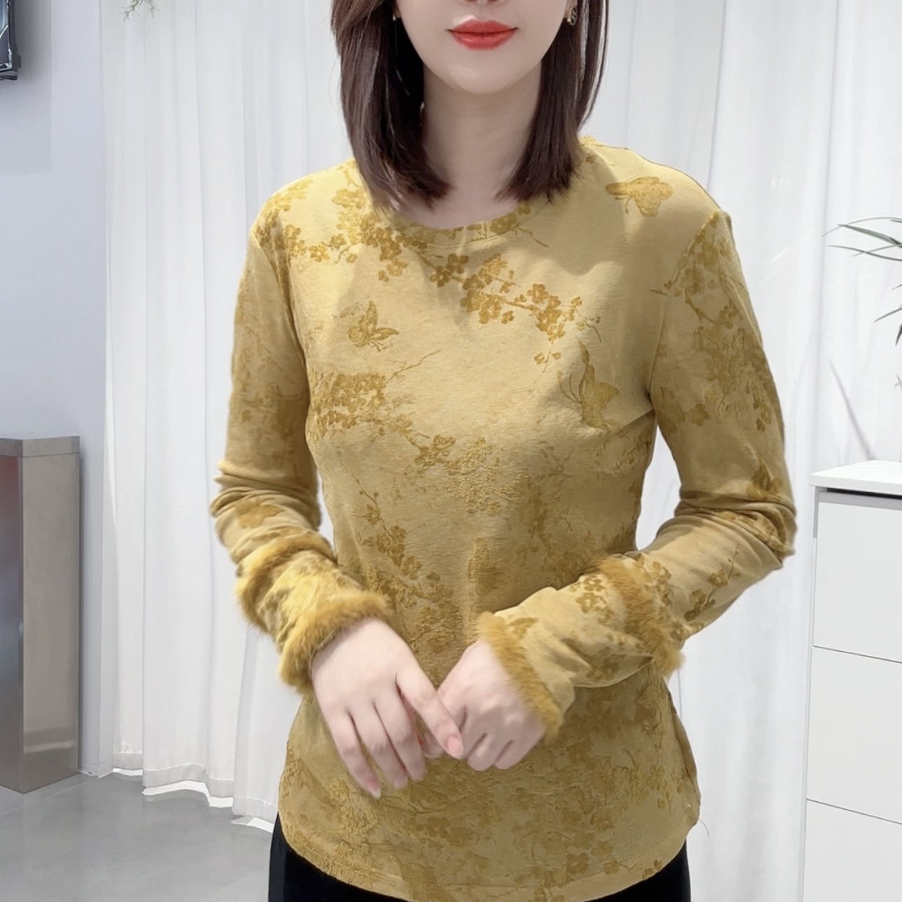 新中式黄色提花打底衫内搭植绒