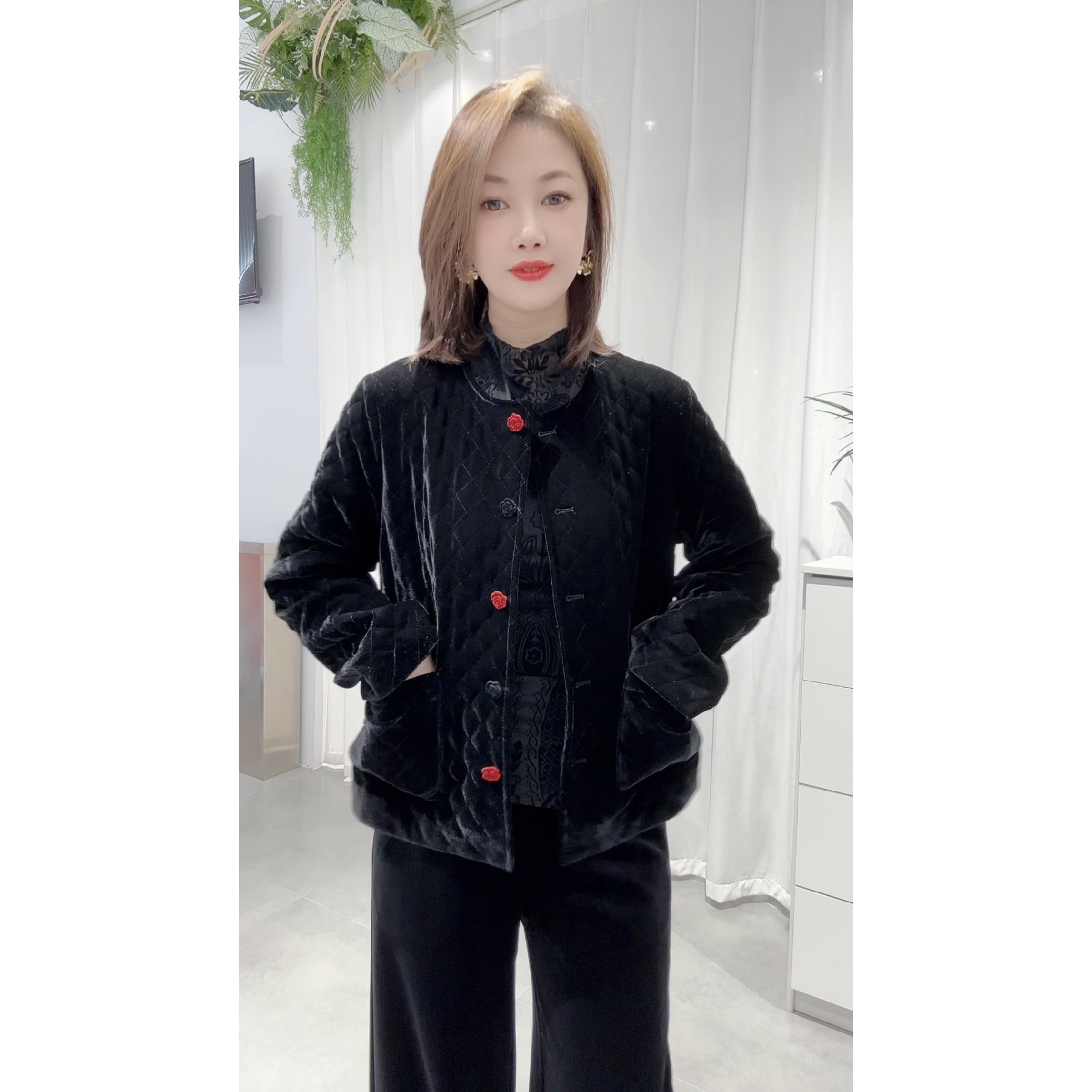 新中式国风复古金丝绒夹棉短外套秋冬小香风菱形格外套上衣女