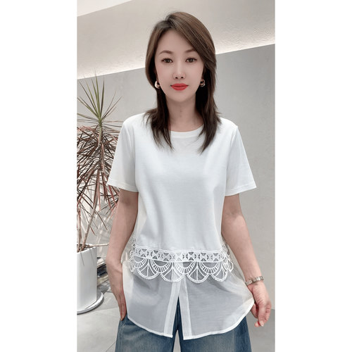 2026新款韩系夏季白色蕾丝拼接短袖T恤女设计感显瘦百搭休闲上衣