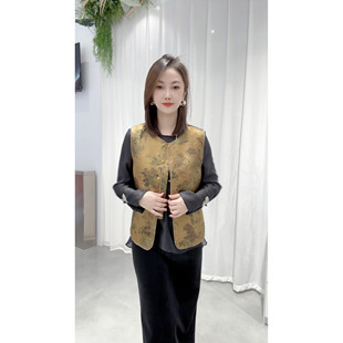 新中式国风镶钻设计黄色提花马甲女盘扣无袖背心外搭坎肩马夹秋装