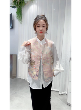 新中式刺绣复古图案双面穿圆领短款马甲2026春秋季宴会款女马夹潮