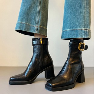 【现货】静音底方头高跟短靴女轻奢粗跟瘦瘦靴软面百搭显瘦靴子