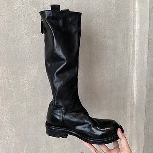 复古水洗马皮高筒显瘦中长筒靴粗跟厚底骑士靴女