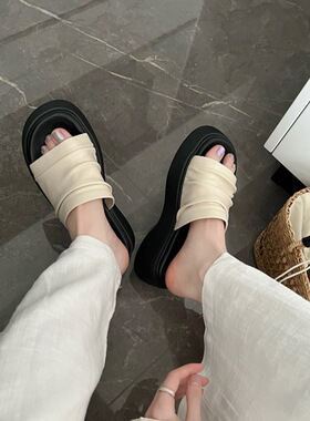 现货！厚底拖鞋女夏新款曼谷拖褶皱感休闲度假风平底拖鞋一字凉鞋