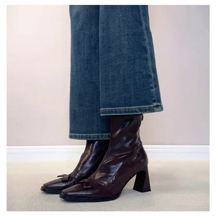 羊皮版~复古蝴蝶结高跟靴小方头气质粗跟短靴后拉链弹力瘦瘦靴女