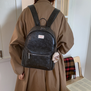 韩系潮复古轻奢大容量双肩包女小众百搭通勤学生书包卡通压印背包