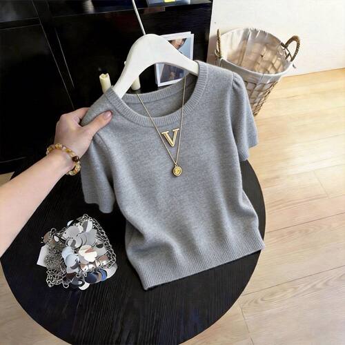 韩版圆领针织短袖显瘦百搭上衣女