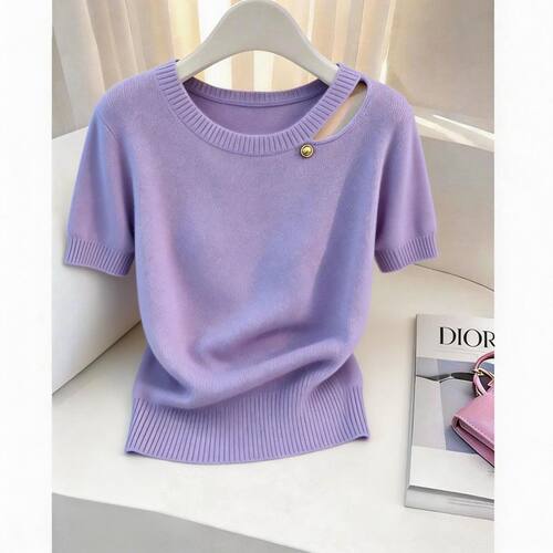 针织小衫修身紫色镂空短袖上衣