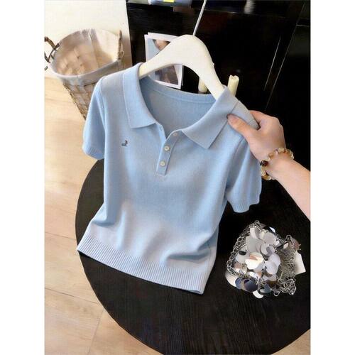 甜美风Polo领短袖T恤针织衫上衣
