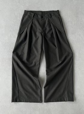 H1c 山痕*多褶弯刀阔腿A字仿呢西裤 多线分割/腿形修饰/抗皱易理