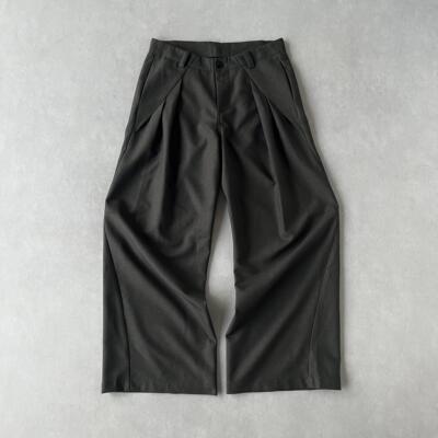 H1c山痕*多褶弯刀阔腿仿羊呢西裤