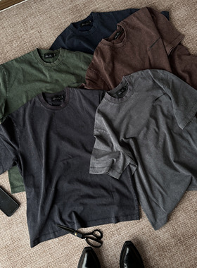 H1c 「五色」vintage水洗做旧圣钉印花基础落肩Boxy宽松T恤短袖