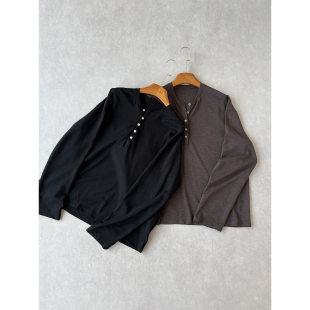 竹节肌理 H1c T恤Boxy短款 五扣亨利领精梳竹节棉长袖 舒适通勤 竺