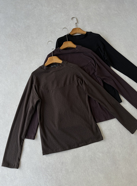 H1c 渊环*竹节纹理微修身弹力长袖T恤 解构分割/柔软亲肤/异形领