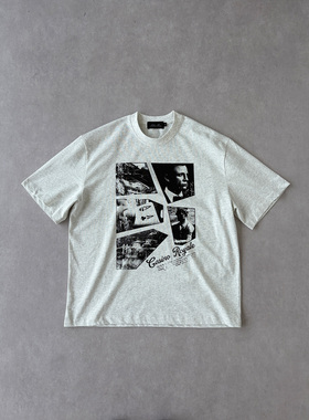 H1c 007电影*主题人像做旧拼图印花小领口纯棉270g短袖Boxy小领口