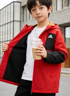 adidas童装Logo印花拼色二合一连帽夹克外套男童红色HC2731