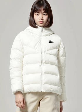 Nike 纯色Logo印花连帽防风保暖长袖面包羽绒服女款白色DQ5904-13