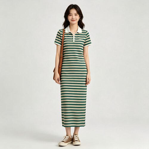 adidas翻领休闲条纹短袖连衣裙女款多色JC6178