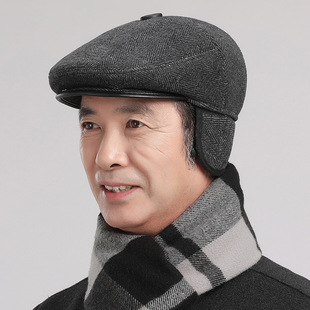中老年人帽子男秋冬季爸爸护耳保暖帽老人冬天爷爷加棉加厚人字纹