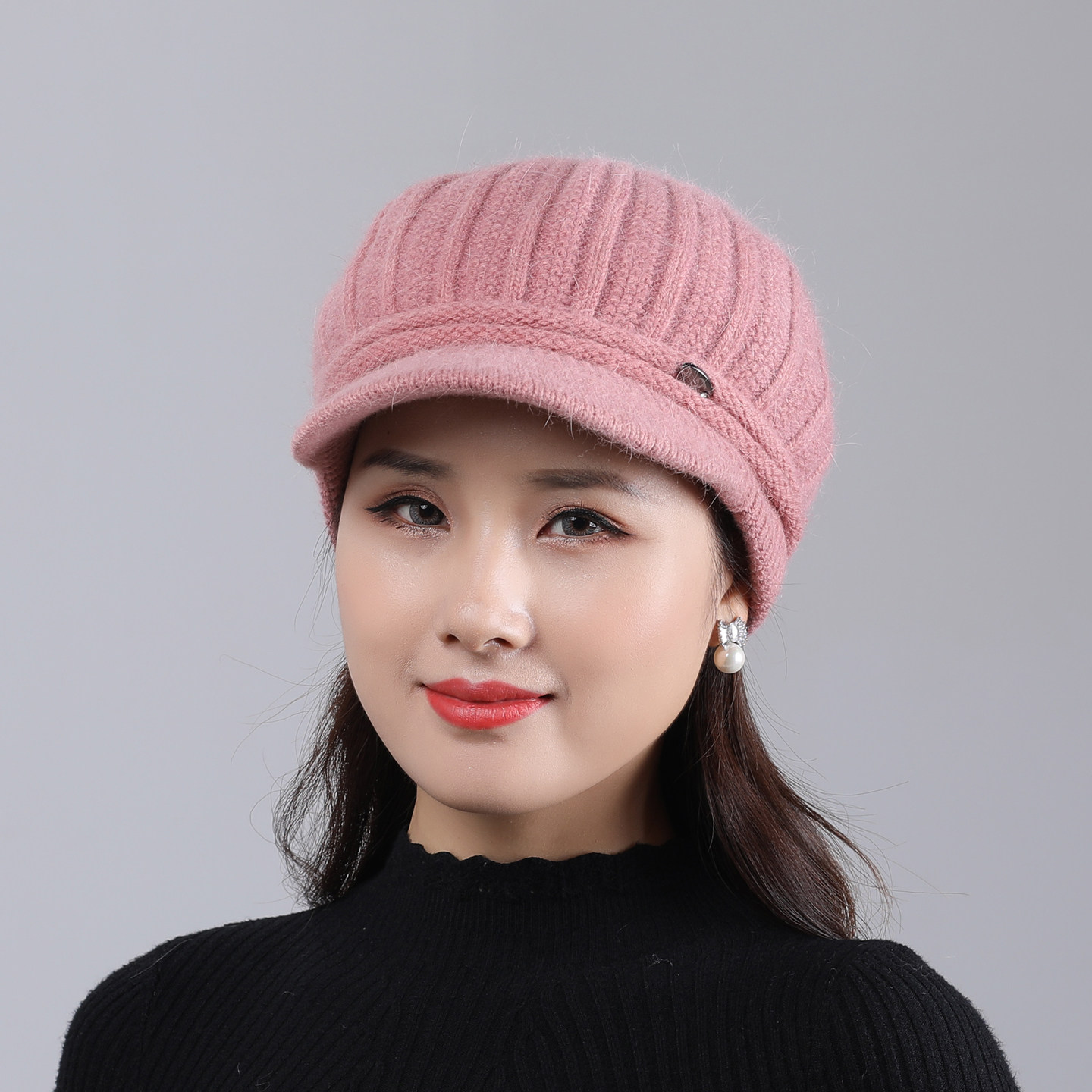 秋冬季中老年人帽子女针织鸭舌帽妈妈帽兔毛毛线帽加厚保暖老人帽