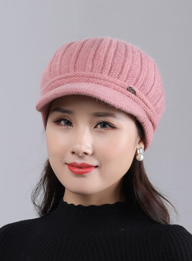 秋冬季中老年人针织兔毛加厚帽子