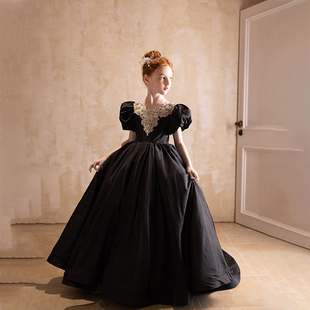 女童黑色轻奢重工定制拍照走秀钢琴主持表演拖尾生日宴会晚礼服