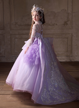 女童重工礼服紫色高端定制长款公主裙生日花童钢琴走秀主持演出服