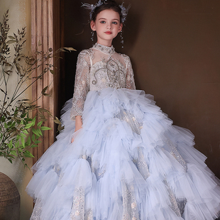 女童礼服蓝色高端定制重工晚礼服钢琴主持演出花童生日走秀公主裙