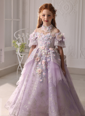 儿童礼服紫色重工花仙子公主裙生日花童走秀晚礼服钢琴主持演出服
