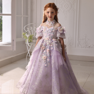 儿童礼服紫色重工花仙子公主裙生日花童走秀晚礼服钢琴主持演出服
