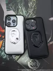 Fashionable Brand Bape Ape Head iPhone 14 Pro Max Mobile Phone Case Leather Suitable for Apple 15 Frosted Protective Cover Anti-Fall 13 Classy Black All-Inclusive Soft Shell 16 Fashion Trendy New Leather Case