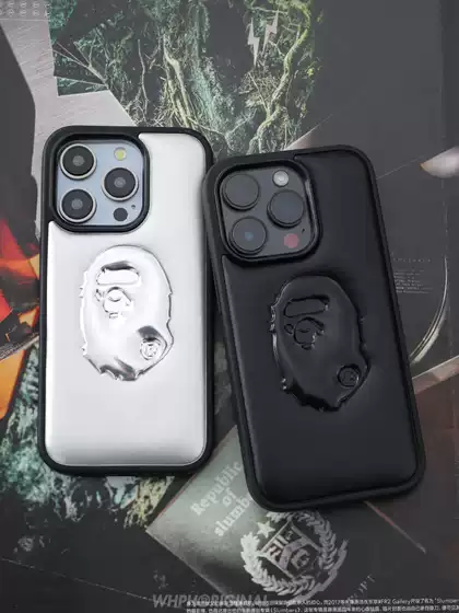 Fashionable Brand Bape Ape Head iPhone 14 Pro Max Mobile Phone Case Leather Suitable for Apple 15 Frosted Protective Cover Anti-Fall 13 Classy Black All-Inclusive Soft Shell 16 Fashion Trendy New Leather Case