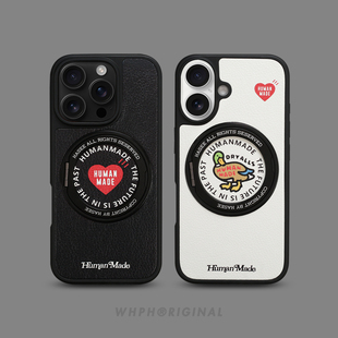 潮牌爱心鸭子磁吸支架手机壳苹果17promax高级感情侣款iPhone16pro黑白色15plus超好看爆款14仿皮磨砂防摔13