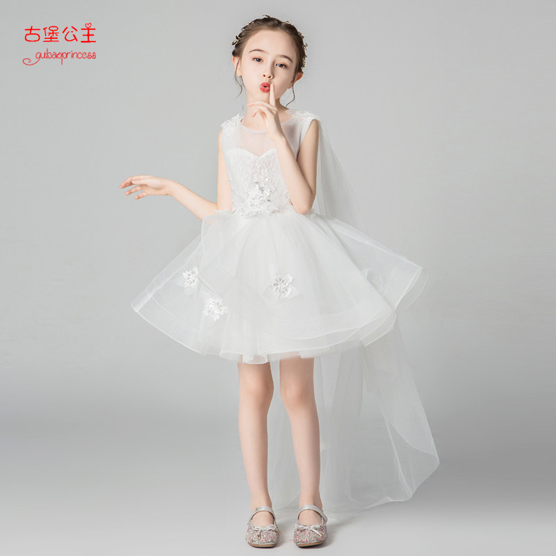 儿童公主裙礼服洋气拖尾女童演出服主持人白色小女孩晚礼服花童冬
