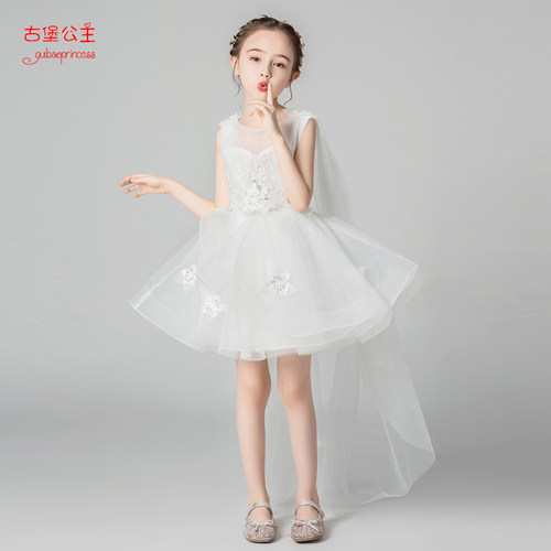 公主洋气拖尾白色小女孩花童礼服