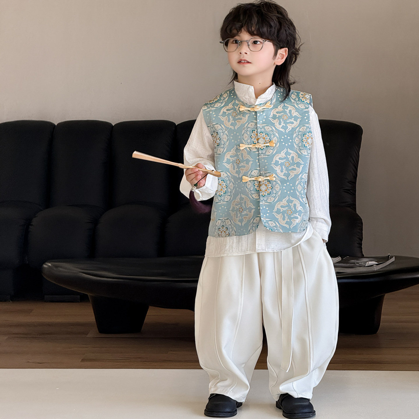 儿童夏季新款短裤新中式男童唐装汉服国风马甲套装秋季男孩古装