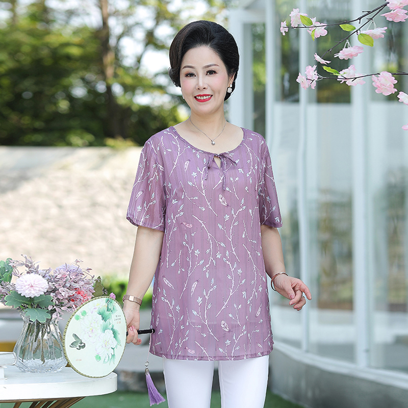 夏中老年加肥加大码女装胖妈妈200斤雪纺短袖宽松T恤遮肚小衫系绳