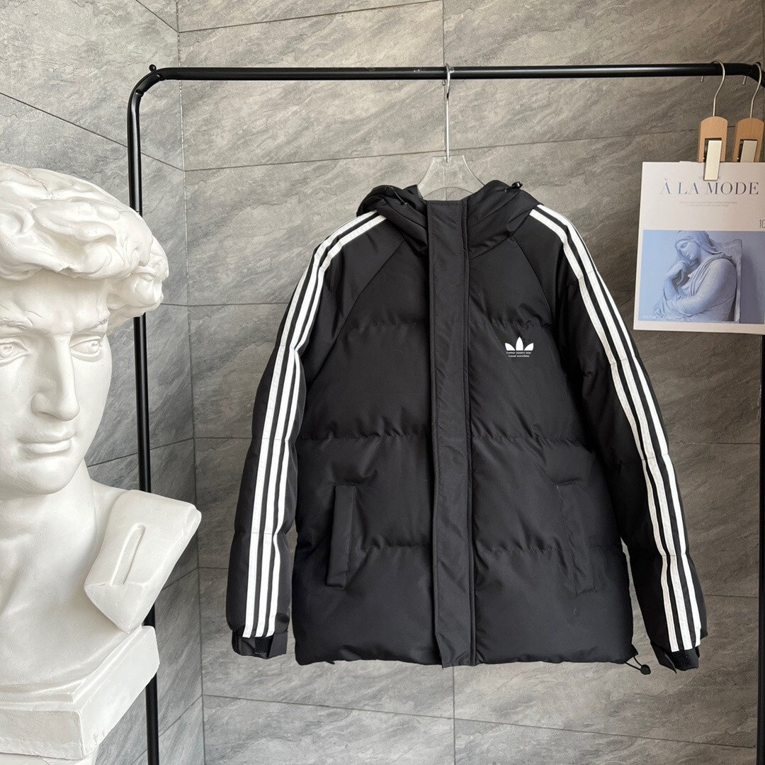 奥莱品牌连帽羽绒棉服男女情侣款三条杠加厚保暖运动休闲棉衣外套