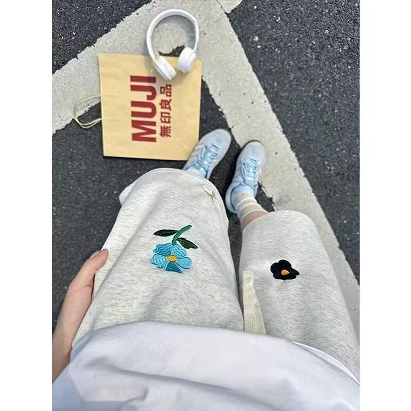 慵懒感灰色花卉刺绣短裤男女夏季潮牌oversize青少年运动五分裤子