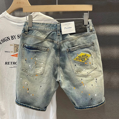 高端破洞泼墨牛仔短裤男潮牌百搭弹力马裤刺绣时尚痞帅五分中裤子