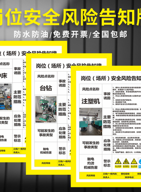 岗位安全风险点告知牌卡危险化学品安全周知卡砂轮机台钻配电房叉车货梯注塑机车床应急处置公告警示标识牌