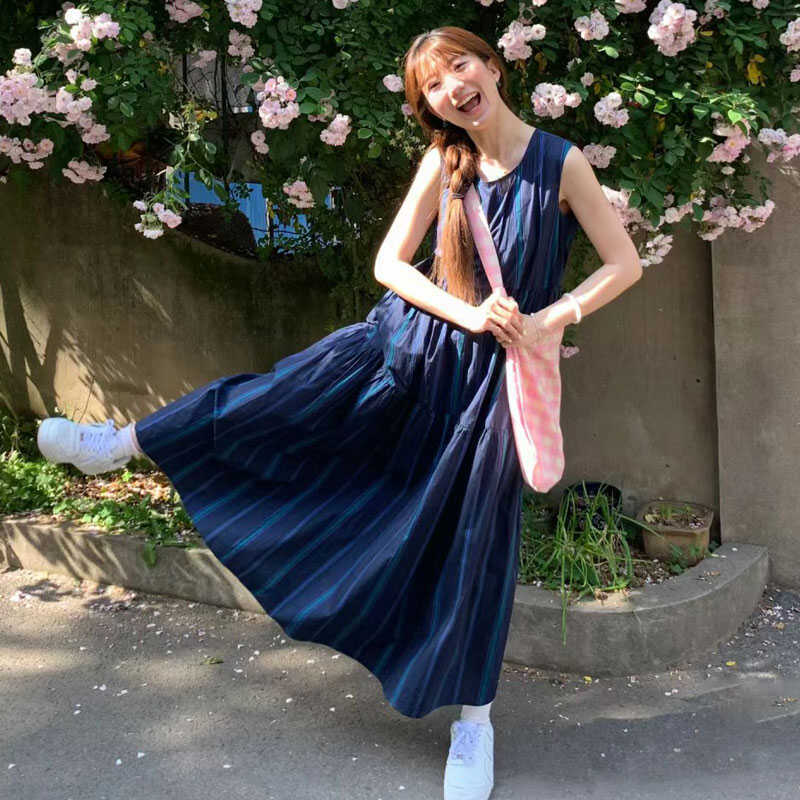 女夏新款深蓝条纹印花休
