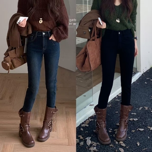 柔柔家实拍秋季植绒加绒小脚裤2025新款高腰显瘦小个子牛仔裤6929