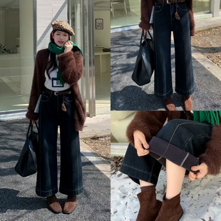 柔柔家小个子实拍加绒加厚九分直筒牛仔裤秋高腰显瘦牛仔裤A736完